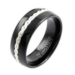 Black Tungsten Dome Ring w/ Sterling Silver Inlay - Lifetime Warranty on all Custom Engraved Tungsten Rings