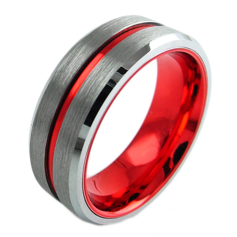 LIFETIME WARRANTY Free Shipping Silver Red Tungsten Ring Band Red Line Stripe Silver Tungsten Ring Red Tungsten Band Engrave Personalize