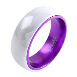White Ceramic Ring w/ Purple Inner Band - Lifetime Warranty on all Custom Engraved Tungsten Rings