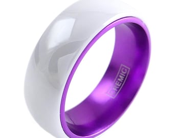 White Ceramic Ring w/ Purple Inner Band - Lifetime Warranty on all Custom Engraved Tungsten Rings
