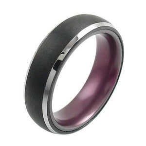 Black Tungsten Ring w/ Silver Edges Lavender Inside - Lifetime Warranty on all Custom Engraved Tungsten Rings