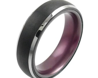 Black Tungsten Ring w/ Silver Edges Lavender Inside - Lifetime Warranty on all Custom Engraved Tungsten Rings