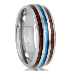 opal tungsten band silver blue brown - Lifetime Warranty on all Custom Engraved Tungsten Rings