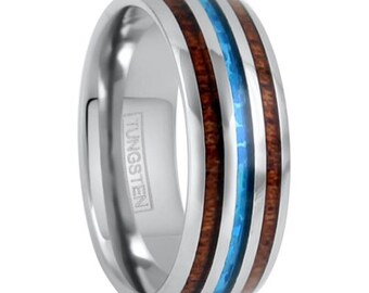 opal tungsten band silver blue brown - Lifetime Warranty on all Custom Engraved Tungsten Rings