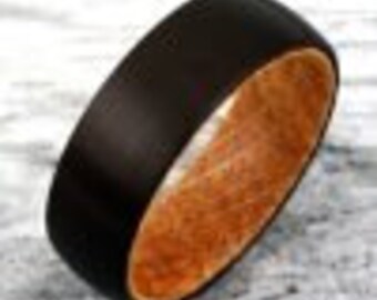Black Domed Tungsten Ring With Oak Wood Inside