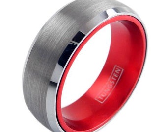 Silver Tungsten Ring Brushed With Red Inside Beveled Edges 8MM - Lifetime Warranty on all Custom Engraved Tungsten Rings