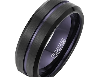 Black Purple Brushed Tungsten Ring- Mens Wedding Band - Women Engravable 6/8mm