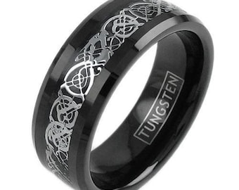 Black Tungsten Ring w/ Silver Celtic Dragon on Black Blackground Inlay - Lifetime Warranty on all Custom Engraved Tungsten Rings