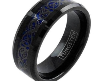 Black Tungsten Ring w/ Black Celtic Dragon on Dark Blue Background 8mm - Lifetime Warranty on all Custom Engraved Tungsten Rings