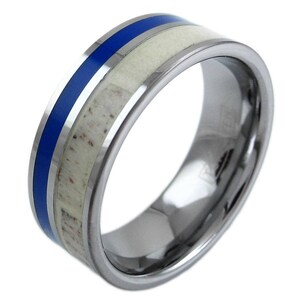 Blue Silver Antler Tungsten Ring - Custom Tungsten Ring - Wedding Ring - Promise Ring Engraved Personalize LIFETIME WARRANTY