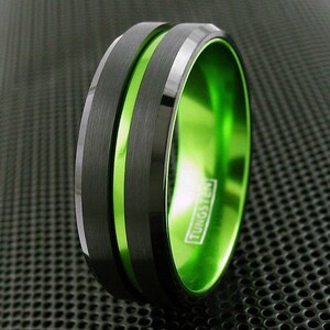 Green Tungsten Ring Band Men's Black Tungsten Wedding Ring Band Green Line Custom Engrave Personalize Tungsten Ring LIFETIME WARRANTY