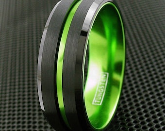 Green Tungsten Ring Band Men's Black Tungsten Wedding Ring Band Green Line Custom Engrave Personalize Tungsten Ring LIFETIME WARRANTY