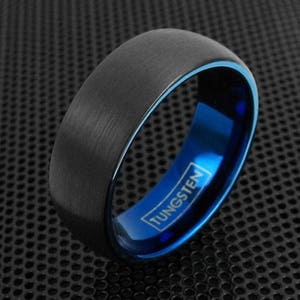 Tungsten Ring Blue Inner Wide Black Brushed Domed Wedding Band - Engravable LIFETIME WARRANTY