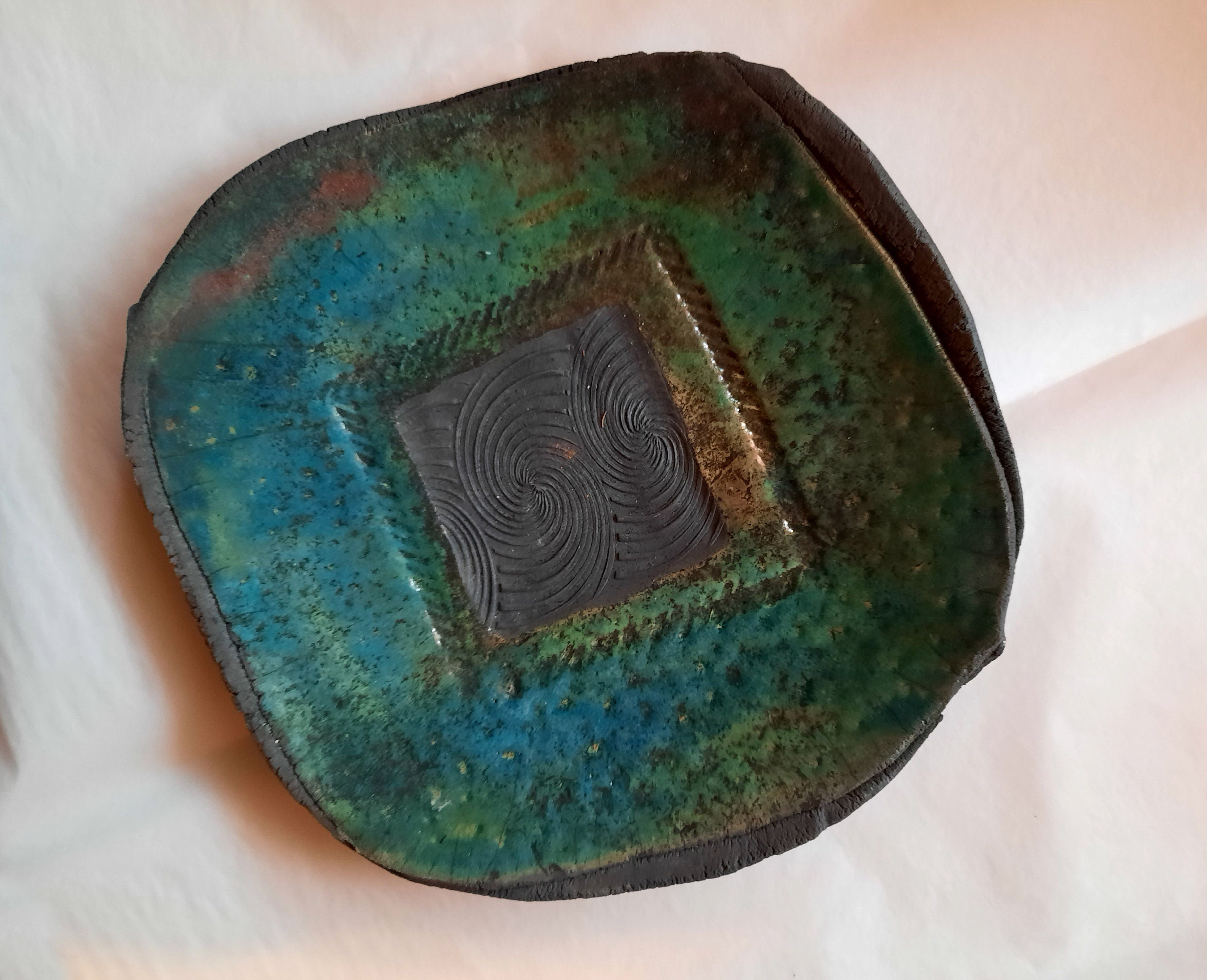 Plat Vide Poche de 28 cm Environ, Cuisson Raku, Vert Turquoise A Effets