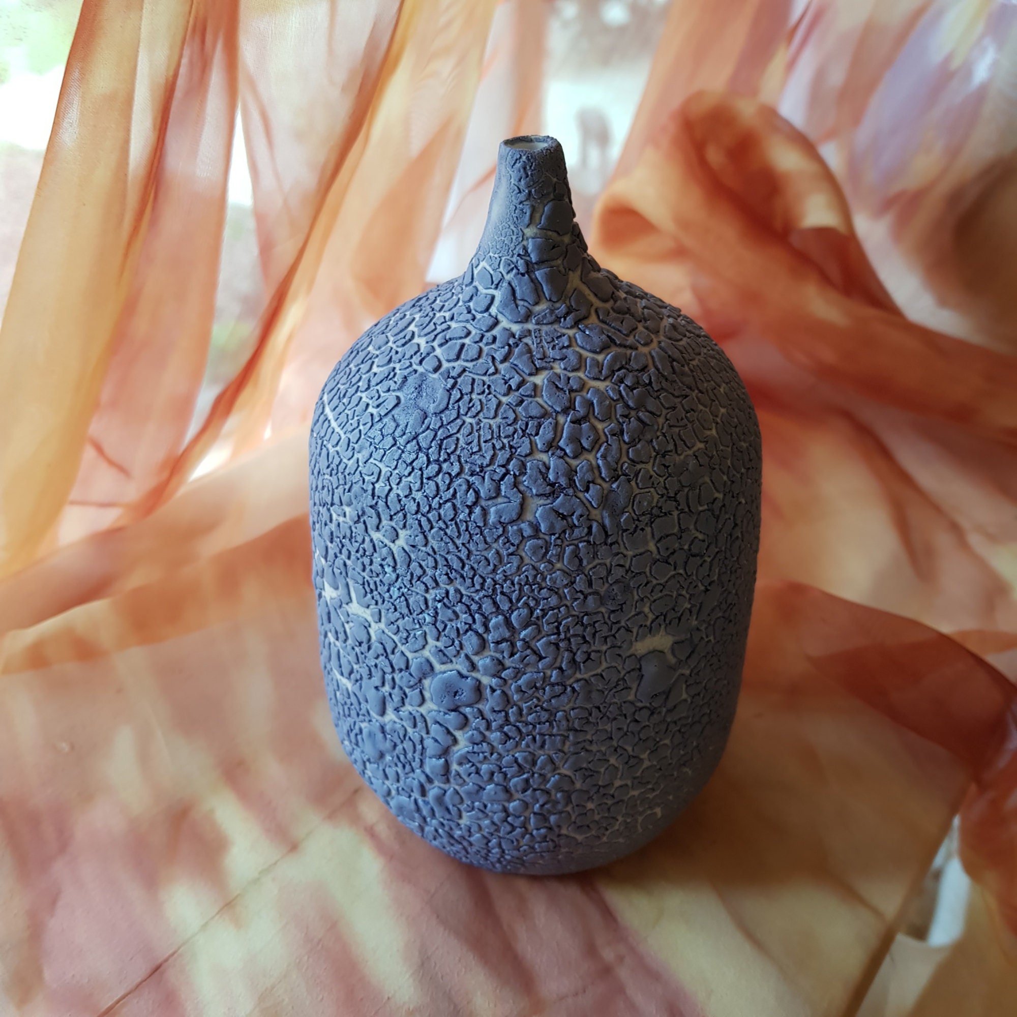 Vase Soliflore Faïence Émail Bleu Mat Craquelé