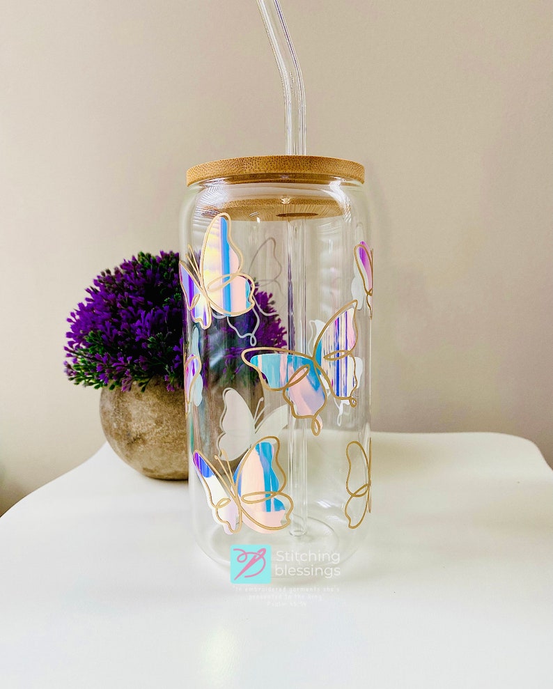Butterflies Glass Can Cup With Bamboo Lid and Glass Straw Etsy