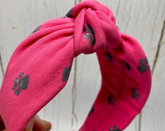 Pink Top Knot Alice Band, Paw Prints Fabric Alice Band, Pink Top Knot Hairband, Pink Knotted Hairband, Paw Prints Knotted Alice Band