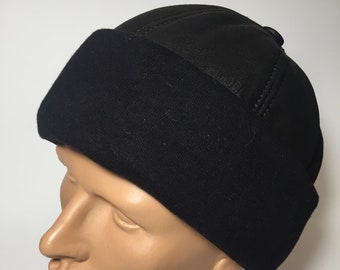 Leather Hat Leather Cap Winter Hat Black Leather Beanie with Stretch Textile Shearling Leather Hat Gift for Him
