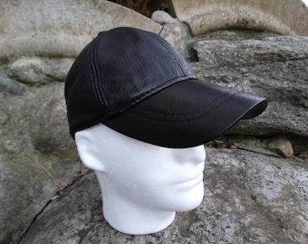 Gorgeous 100% Leather Real Black Baseball Cap  Leather Mens Hat Sizes S, M,L,XL