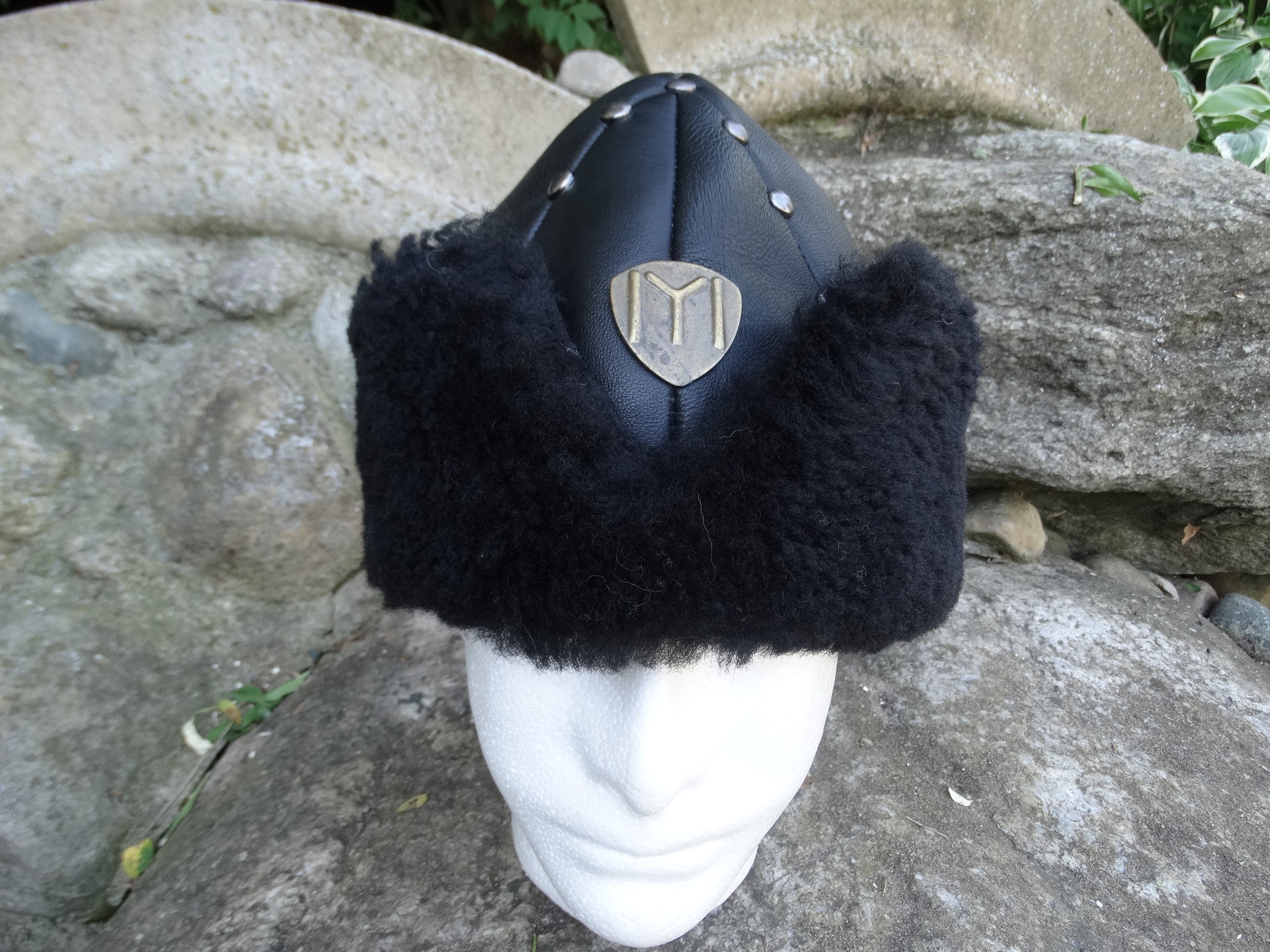 Turkish Ottoman Bork Hat Faux Leather Winter Trapper Cap Ottoman Bork Hat | Black Leather & Black Fur Warrior Cap – ihvan main image 2