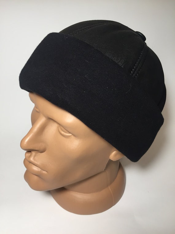 Leather Hat Leather Cap Winter Hat Black Leather Beanie With Stretch Textile Shearling Leather Hat Gift for Him Etsy Canada