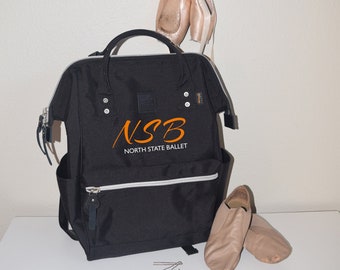 zippered dance bag, backpack, pockets, free personalization, North State Ballet, NSB