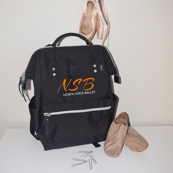 zippered dance bag, backpack, pockets, free personalization, North State Ballet, NSB