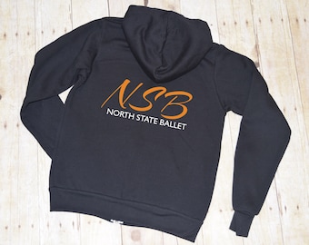 ADULT unisex zip hoodie, soft fleece, free personalization, North State Ballet, NSB