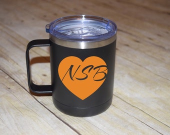 Double walled travel mug, black cup, free personalization, North State Ballet, NSB