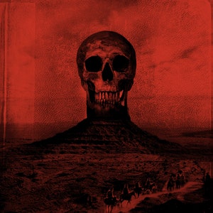 May include: A book cover with a red background and a skull in the center. The title is "Blood Meridian" and the subtitle is "Or The Evening Redness In The West". The author is Cormac McCarthy.