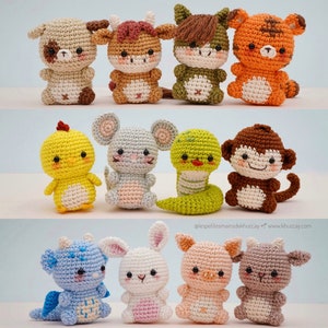 Pack of 12 Crochet patterns Mini animals (English, french), Chinese Zodiac animals, crochet zodiac animals, mini animals, Zodiac amigurumi