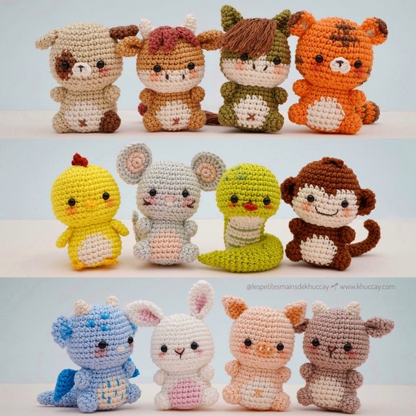 Combo 12 animaux du Zodiaque Chinois, Tutoriels de crochet (français, anglais), mini animaux, petits animaux de Khuc Cay, amigurumi