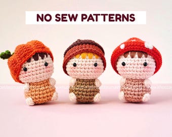 Combo 3 mini autumn friends, Crochet tutorial (French, English), no seam, crochet mushroom, acorn, pumpkin, crochet doll