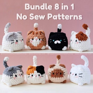 Bundle 8 in 1, no sew patterns, Chubby Kitties, English, French, Spanish patterns, bestseller market toys, amigurumi cat, cat loaf, bun cat