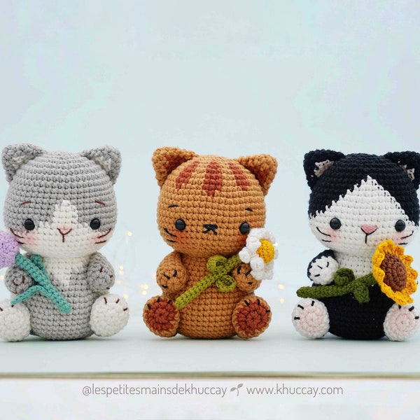 Pack of 3 Kitten and Flower Crochet Tutorials (French/English/Spanish/Vietnamese), PDF tutorial to download, crochet cat