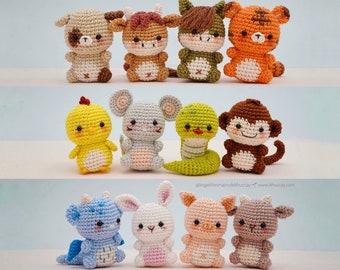 May include: A collection of 10 crocheted animal plushies, including a cow, horse, monkey, snake, chicken, pig, mouse, and a few others. The plushies are all small and have a cute, cartoonish style.
