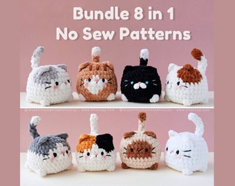 Bundle 8 in 1, no sew patterns, Chubby Kitties, English, French, Spanish patterns, bestseller market toys, amigurumi cat, cat loaf, bun cat