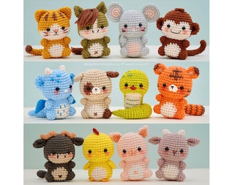 Pack of 12 Crochet patterns Mini animals (English, french), Vietnamese Zodiac animals, crochet zodiac animal, mini animals, Zodiac amigurumi