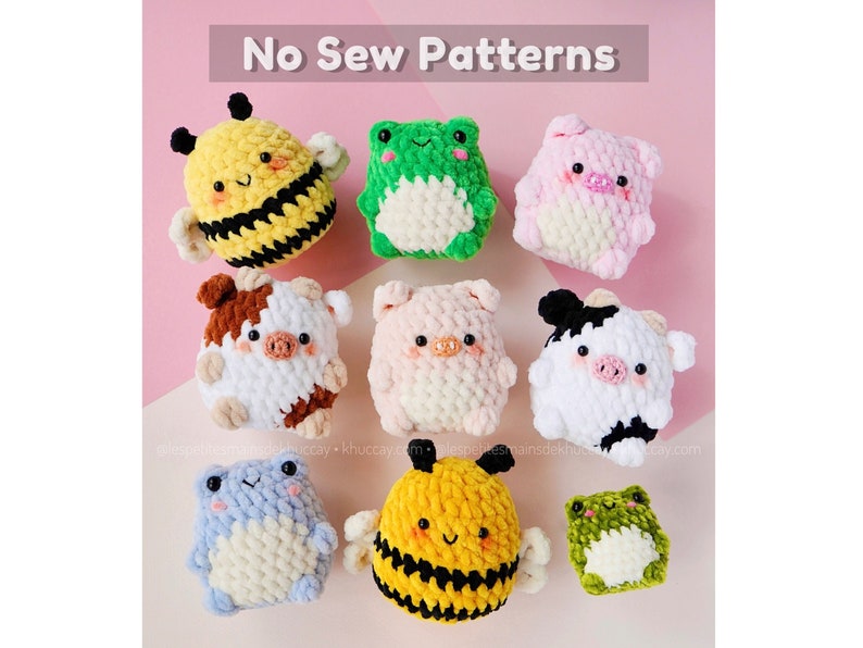 May include: A collection of eight crocheted stuffed toys, including a bee, frog, pig, and cow. The toys are all made with a no-sew technique and have cute faces. The toys are arranged on a pink background with the text "No Sew Patterns" at the top.