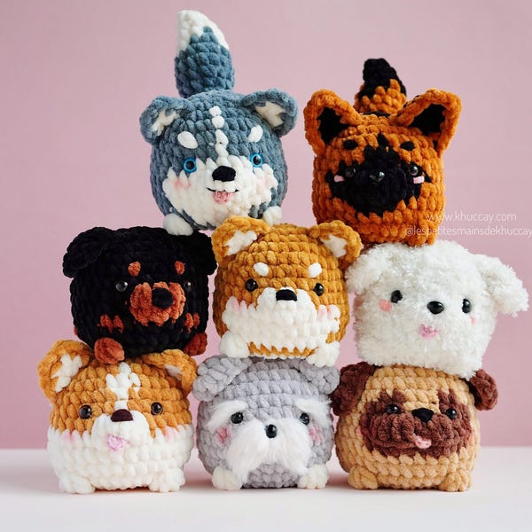 Combo of 8 crocheted puppies, no-sew, adorable dogs, crochet tutorial (French, English), cat loaf, amigurumi, bun dog