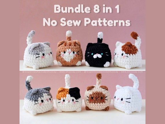 Combo 8 chatons au crochet, no sew, adorables chat, Tutoriel crochet (français, anglais, espagnol), cat loaf, amigurumi, mini chat, bun cat