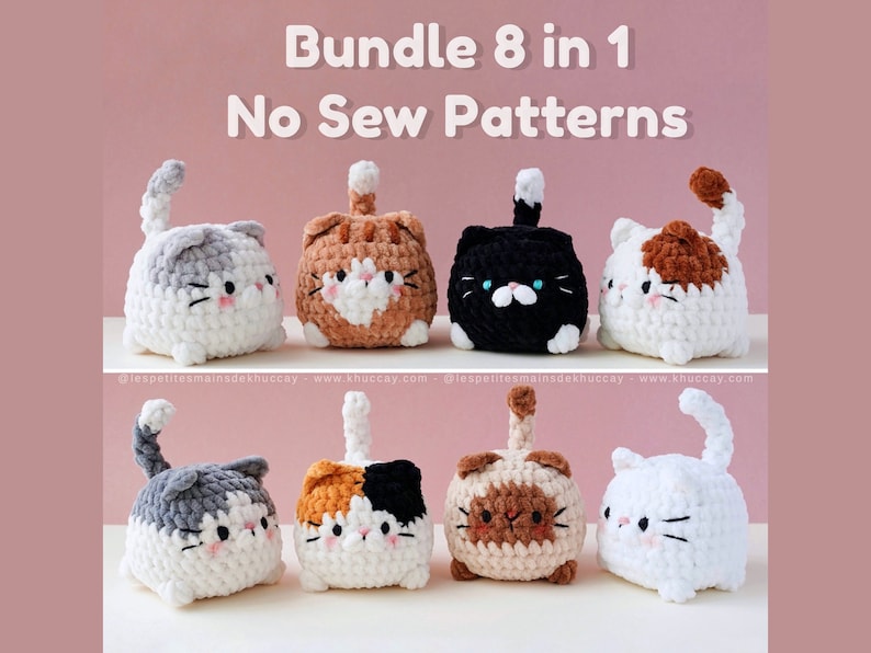 May include: A set of eight crochet cat patterns, each with a different colour and design. The patterns are no-sew and are perfect for beginners. The cats are all sitting in a row and are looking at the camera. The text "Bundle 8 in 1 No Sew Patterns" is written above the cats.