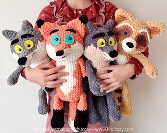 Bundle tutos les grands doudous de la forêt renard, raton laveur tanuki, loup etc., tutoriel de crochet anglais, français