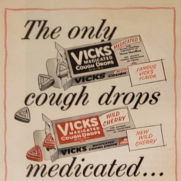 1956 VICKS Medicated Cough Drops Sore Throat Medicine Health Vintage Print Ad