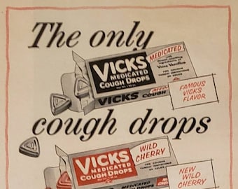 1956 VICKS Medicated Cough Drops Sore Throat Medicine Health Vintage Print Ad