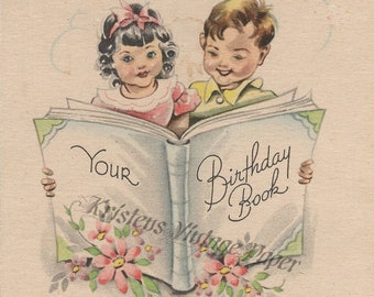 Instant Digital Download BIRTHDAY CARD Children Boy GIrl Book Vintage Digital Image File Printable Scrapbooking Collage Crafting