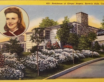 Cartão Postal BEVERLY HILLS CALIFÓRNIA Ginger Rogers Residence House Vintage Linen