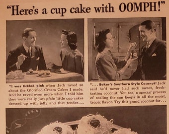 1940 BAKER'S COCONUT Southern Style Food Baking Cup Cake with Oomph General Foods Vintage Print Ad