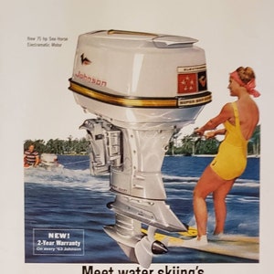 1963 JOHNSON MOTORS Sea Horse Electramatic Boat Motor Water Skiing KNORR Soup Kettle Cruise England Food Beefeater Stew Vintage Print Ad