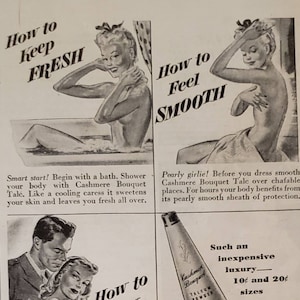 1945 CASHMERE BOUQUET TALC Womens Beauty Cosmetics Fresh Smooth Dainty Vintage Print Ad
